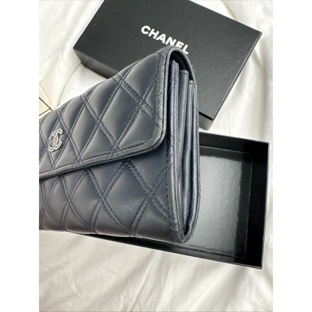 CHANEL Logo Navy Silver Toe Double Stitch Long Wallet W/box - Picture 4 of 16